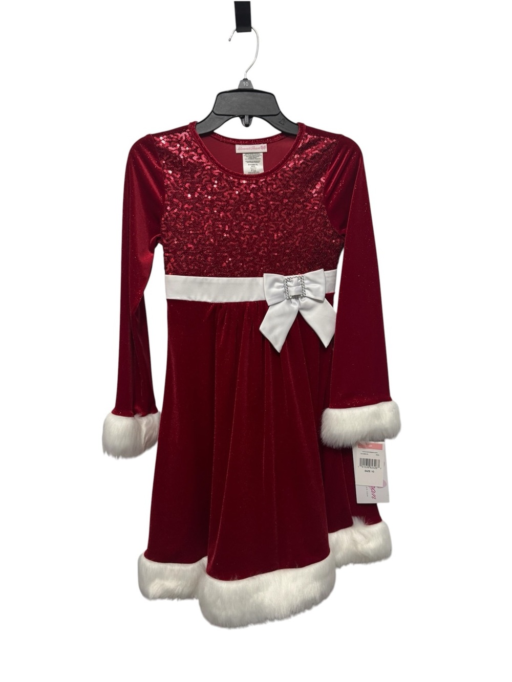 Bonnie Jean Red Velvet Sequin Holiday Dress with White Faux-Fur Trim